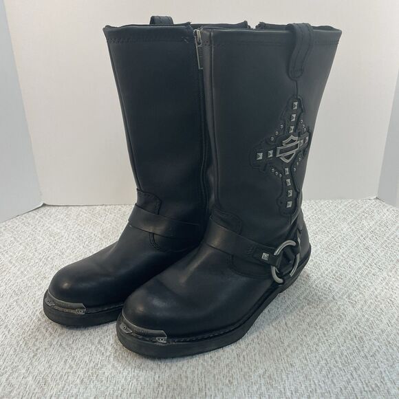 Harley Davidson Womens 8M Black Harness Leather Chunky Strap Studded Biker Boots - Picture 5 of 13